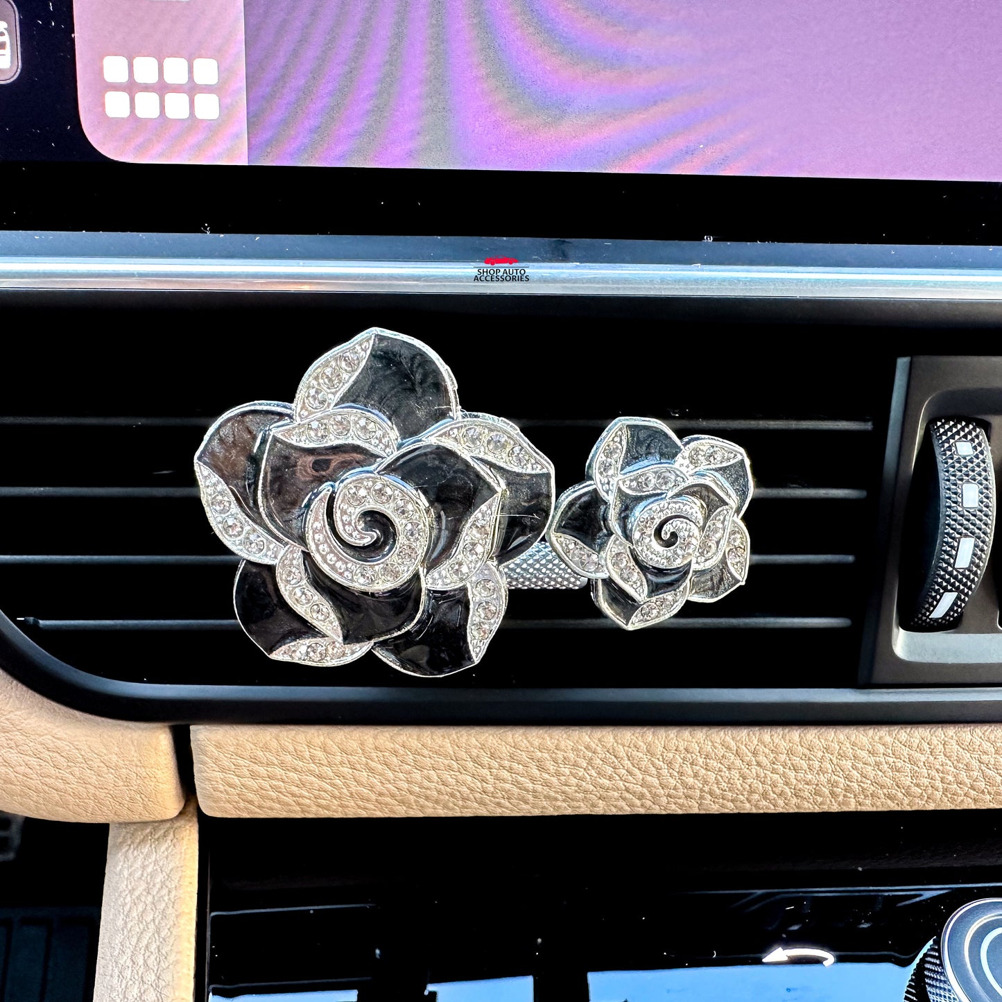Set of 2 Cute Sparkly Rhinestone Crystal Flower Air Vent Clip | Air Freshener Clip | Cute Bling Car Accessory | New Car Gift