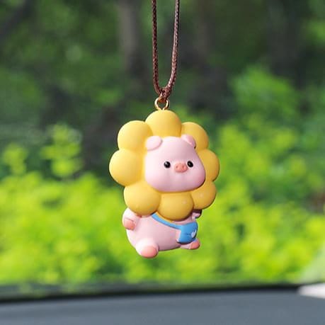 Cute Swinging Flower Pig Car Mirror Hanging Accessory | Little Pig Car Swing Ornament | Unique Car Accessory Gift | New Car Gift
