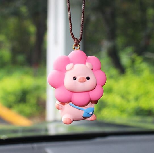 Cute Swinging Flower Pig Car Mirror Hanging Accessory | Little Pig Car Swing Ornament | Unique Car Accessory Gift | New Car Gift