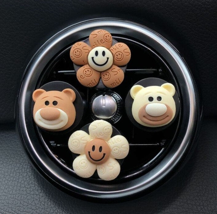 Set of 4 Cute Chocolate Bears and Flower Air Vent Clip | Air Freshener Clip | Cute Car Accessories | New Car Gift