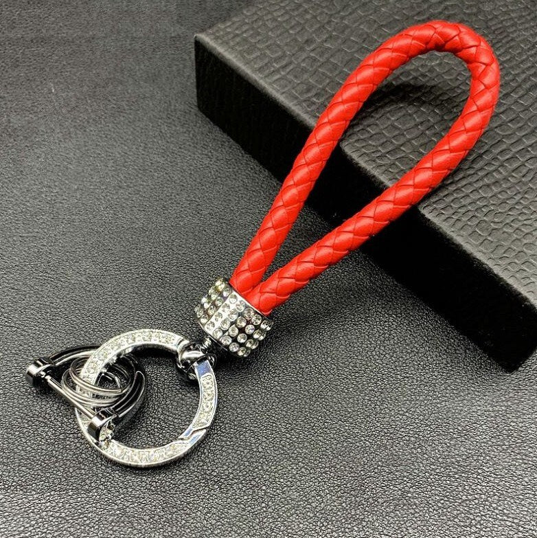 Braided Leather Keychain with Crystal Key Ring | Bling Car Accessories | Unique Car Accessory Gift | Aesthetic Car Charm | New Car Gift