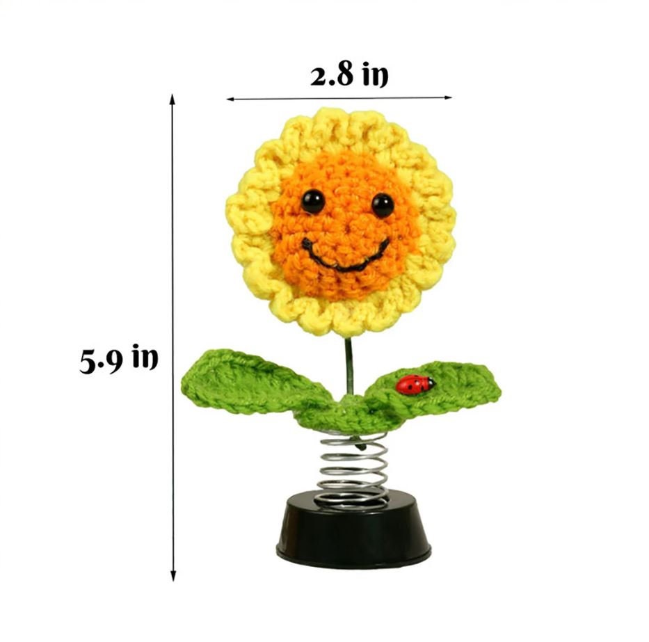 Cute Crochet Bobblehead Smiley Sunflower | Dashboard Accessories | Flower Car Ornament | Cute Unique Car Dashboard Decor | New Car Gift