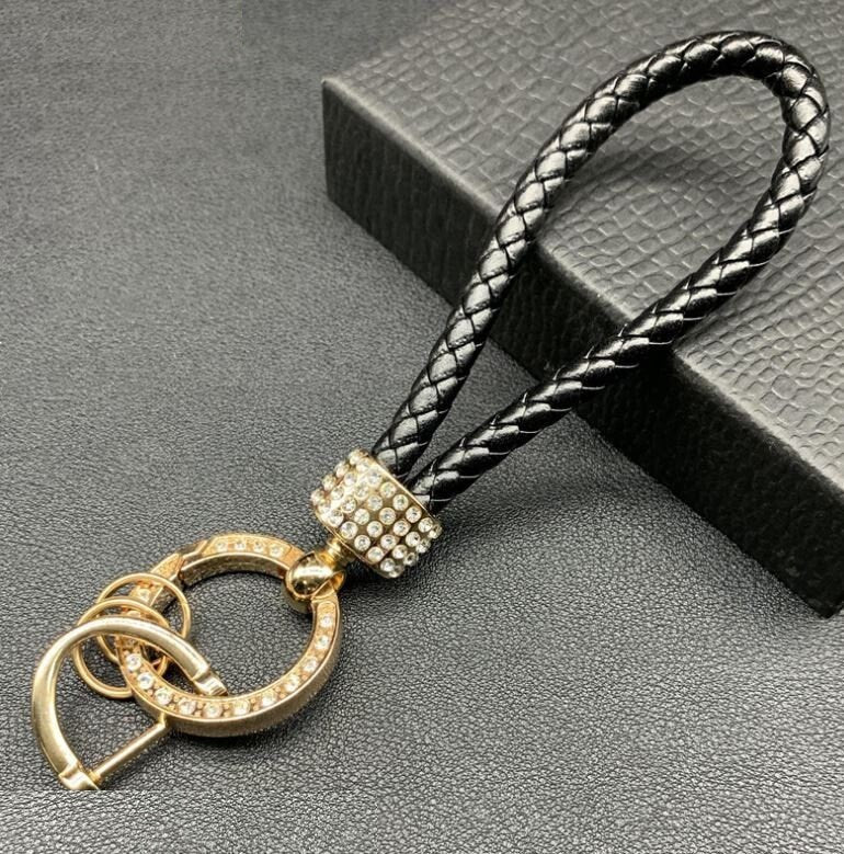 Braided Leather Keychain with Crystal Key Ring | Bling Car Accessories | Unique Car Accessory Gift | Aesthetic Car Charm | New Car Gift