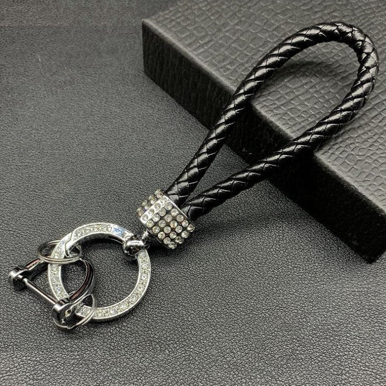 Braided Leather Keychain with Crystal Key Ring | Bling Car Accessories | Unique Car Accessory Gift | Aesthetic Car Charm | New Car Gift