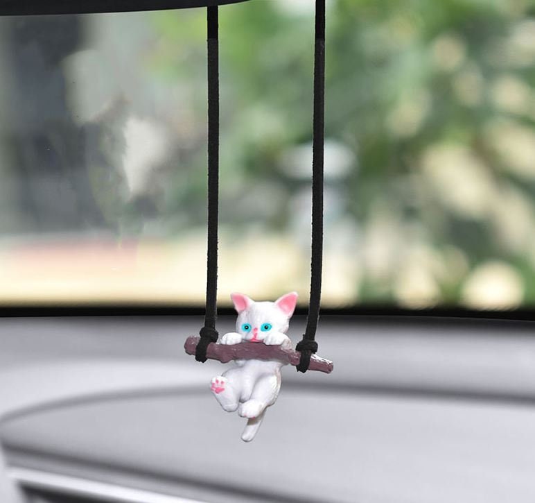 Cute Swinging Cat Car Mirror Hanging Accessory | Cat Car Swing Ornament | Unique Car Accessory Gift | Car Charm | New Car Gift