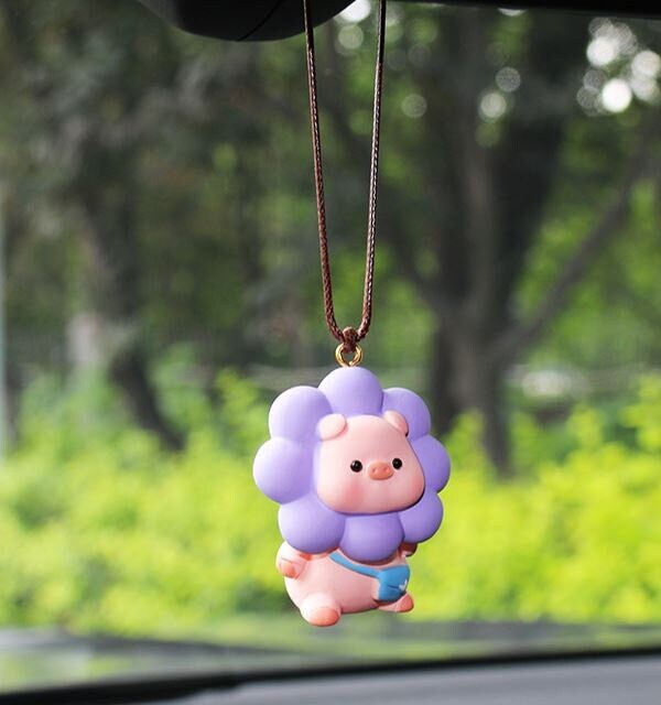 Cute Swinging Flower Pig Car Mirror Hanging Accessory | Little Pig Car Swing Ornament | Unique Car Accessory Gift | New Car Gift