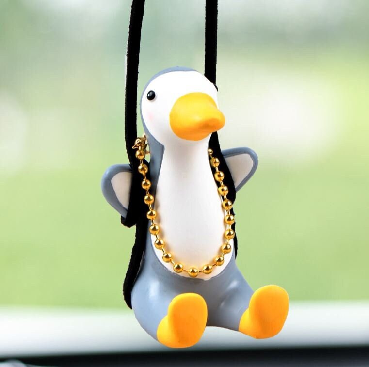 Cute Swinging Grey Duck Car Mirror Hanging Accessory | Little Duck Car Swing Ornament | Unique Car Accessory Gift | Valentine's Day Gift