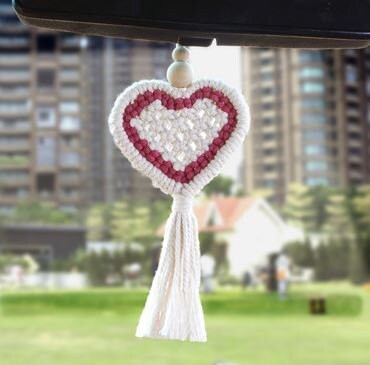 Cute Macrame Heart with Tassel | Rear View Mirror Accessories | Boho Car Ornament | Cute Car Mirror Decor | New Car Gift