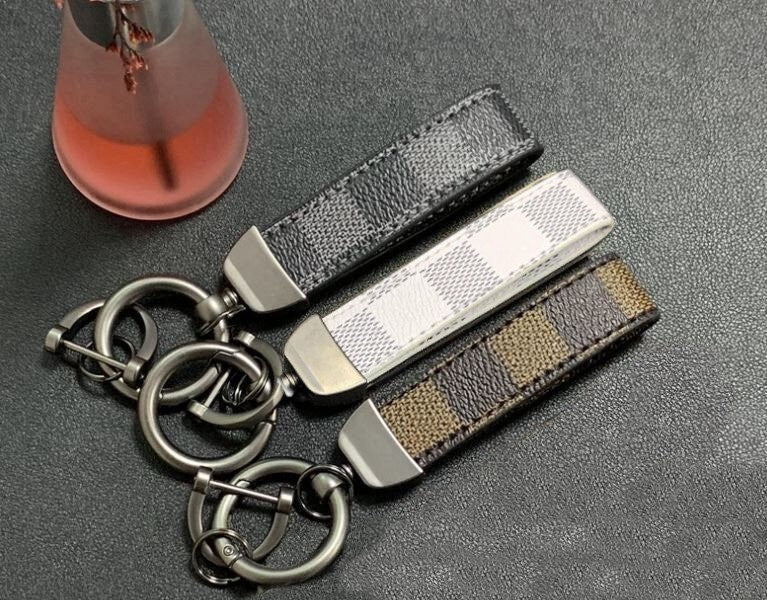 Cute Designer Checkerboard Leather Keychain | Luxury Keychains | Unique Car Accessory Gift for Her | Aesthetic Car Charm | Father's Day Gift