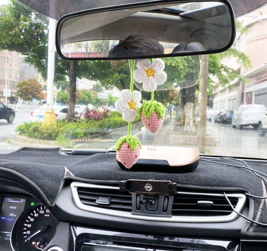 Set of 2 Crochet Strawberry Hanging Car Charm | Rear View Mirror Accessories | Car Ornament | Boho Car Decor | New Car Gift