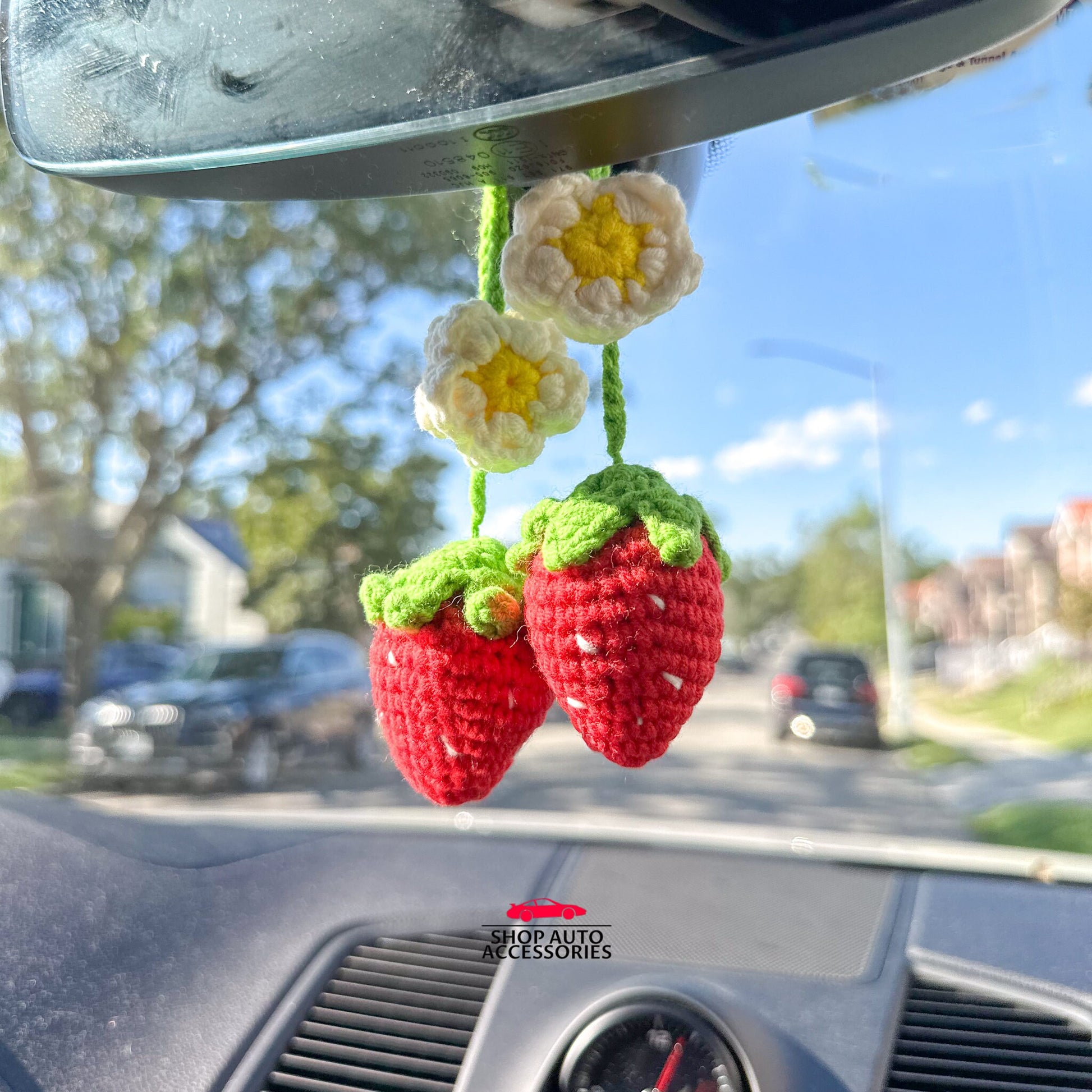 Set of 2 Crochet Strawberry Hanging Car Charm | Rear View Mirror Accessories | Car Ornament | Boho Car Decor | New Car Gift