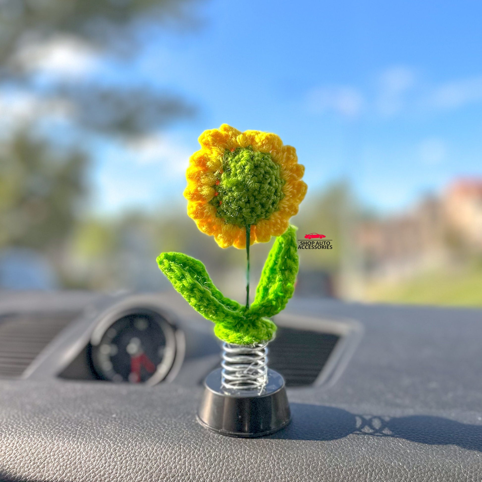 Cute Crochet Bobblehead Smiley Sunflower | Dashboard Accessories | Flower Car Ornament | Cute Unique Car Dashboard Decor | New Car Gift