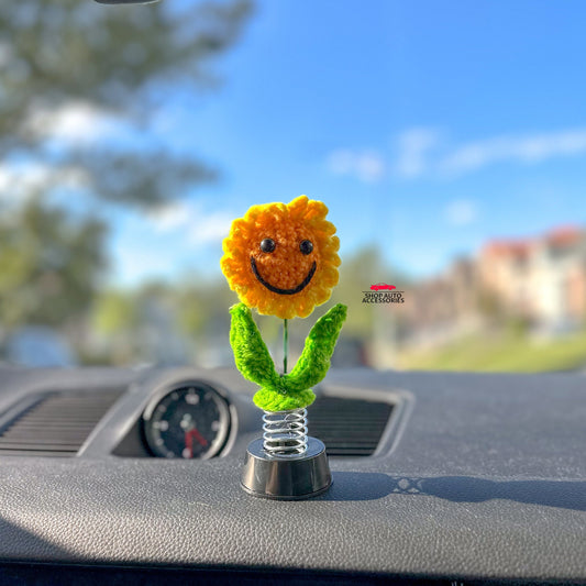 Cute Crochet Bobblehead Smiley Sunflower | Dashboard Accessories | Flower Car Ornament | Cute Unique Car Dashboard Decor | New Car Gift