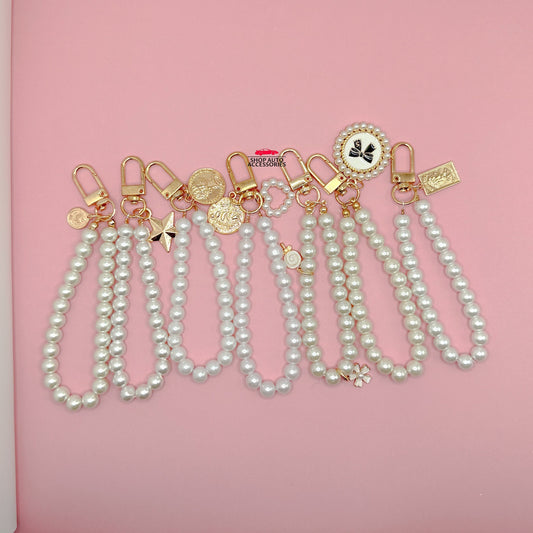 Cute Simple Pearl Keychain Lanyard with Charms | Crochet Accessory | Unique Car Accessory Gift for Her | Car Charm | New Car Gift